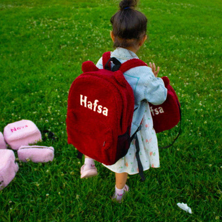 Personalized Large Claret Red Teddy Backpack for School Kids wokigi