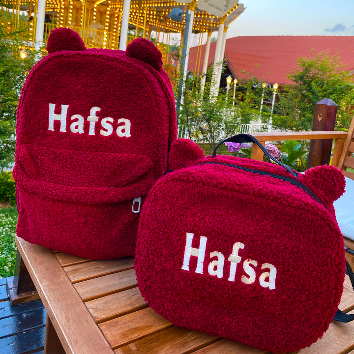 Personalized Claret Red Teddy Bear Backpack & Lunch Bag Set wokigi