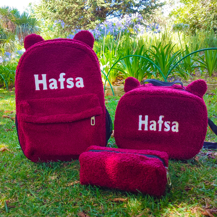 Personalized Claret Red Teddy Bear Backpack & Lunch Bag Set wokigi