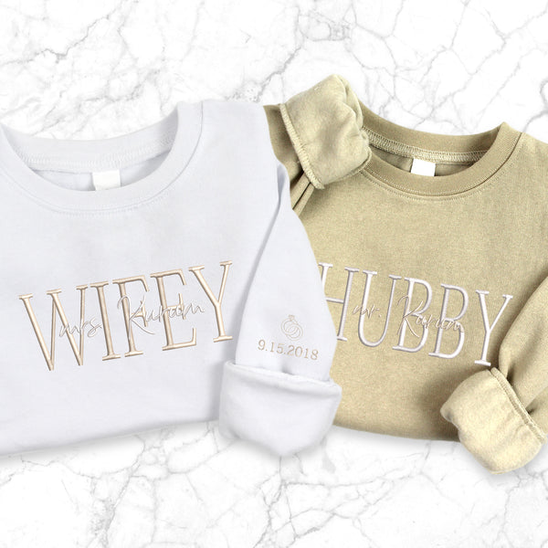 Custom Couple Matching Hubby and Wifey Embroidered Sweatshirt