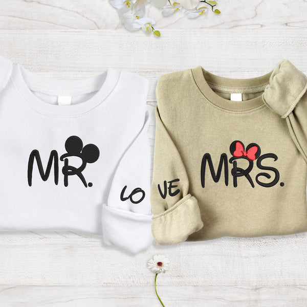 Disney Couple Matching Mickey Minnie Ears Love Embroidered Sweatshirt