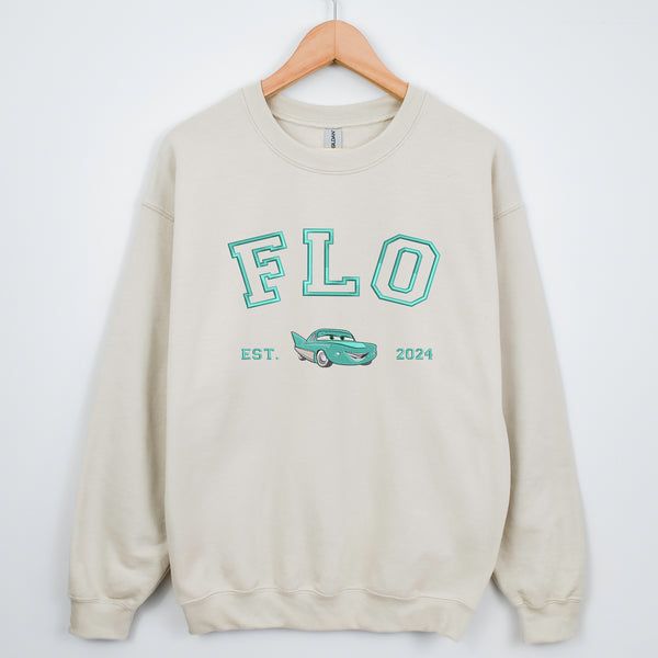 Personalized Disney Cars Flo Embroidered Adult Sweatshirt wokigi