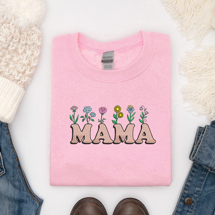 Mama Flowers Embroidered Adult Sweatshirt - wokigi