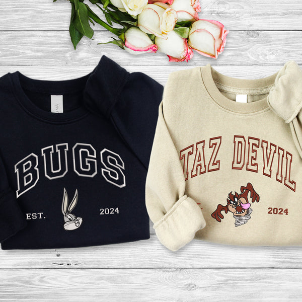 Personalized Bugs Bunny and Tasmanian Devil Looney Tunes Couple Embroidered Sweatshirt