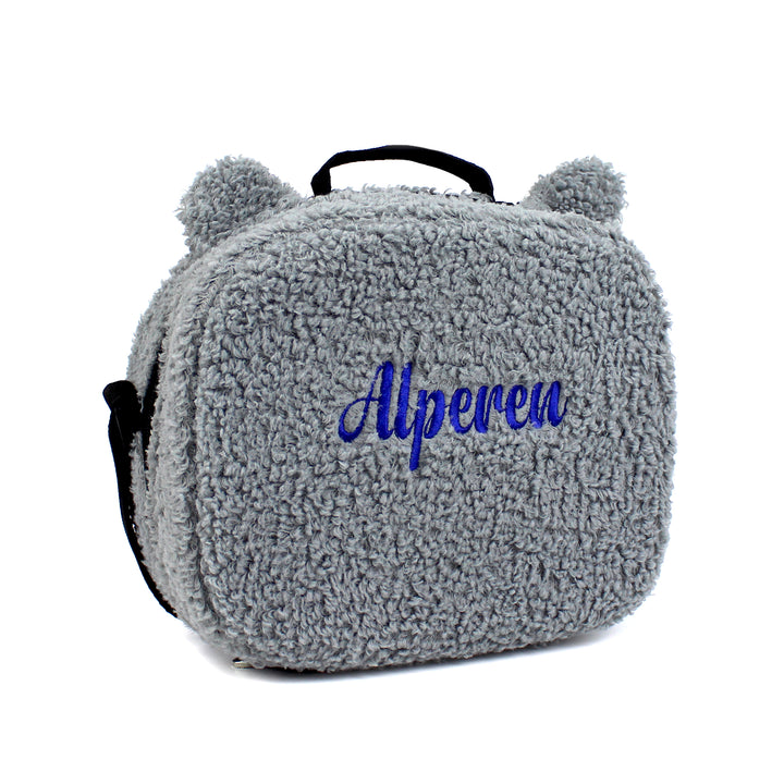 Personalized Grey Teddy Plush Kids Lunch Bag wokigi