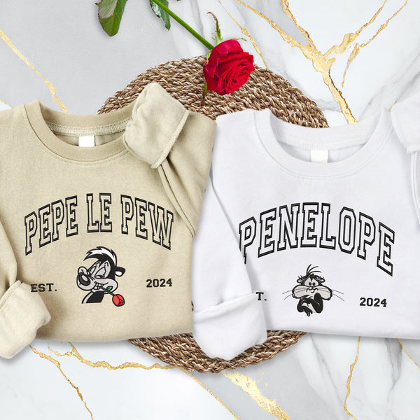 Personalized Pepé le Pew and Penelope Couple Embroidered Sweatshirt