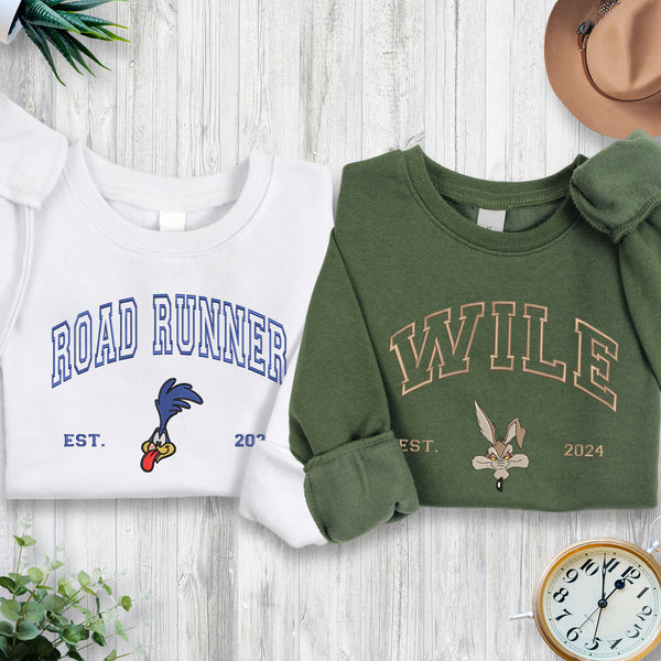 Personalized Road Runner and Wile Looney Tunes Couple Embroidered Sweatshirt