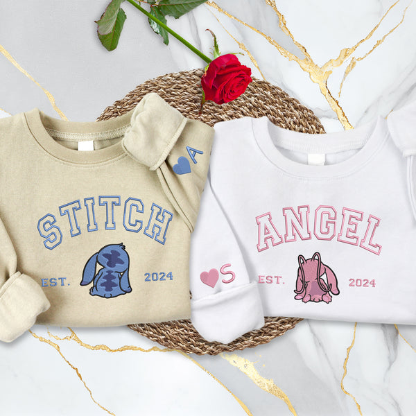 Personalized Stitch and Angel Couple Embroidered Sweatshirt