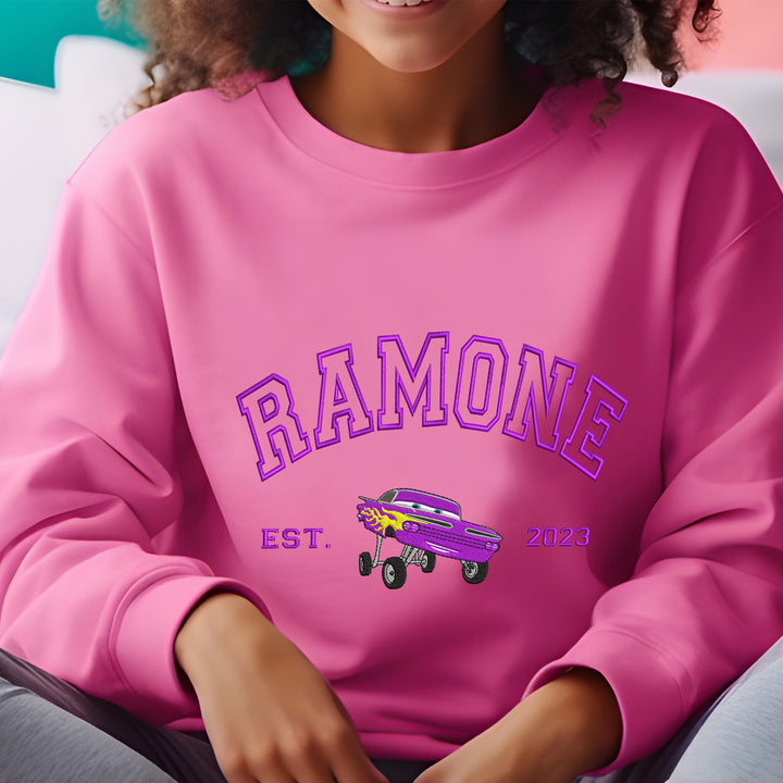 Personalized Disney Cars Ramone Embroidered Adult Sweatshirt wokigi