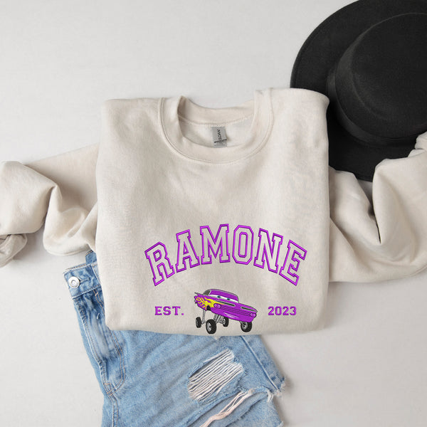 Personalized Disney Cars Ramone Embroidered Adult Sweatshirt wokigi