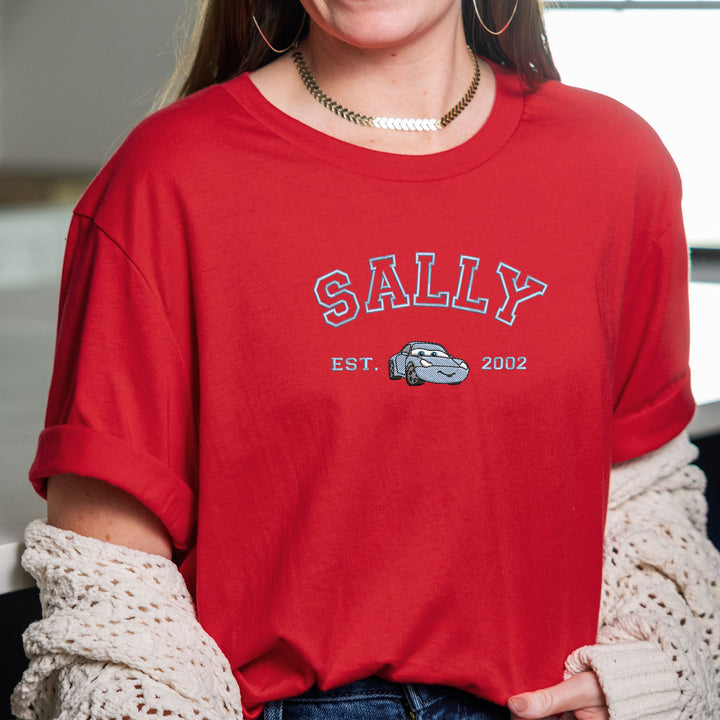 Personalized Disney Cars Sally Embroidered Adult T-shirt wokigi