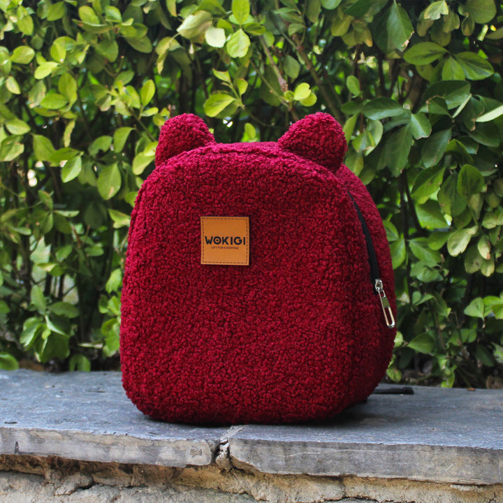 Personalized Claret Red Teddy Bear Small Backpack wokigi