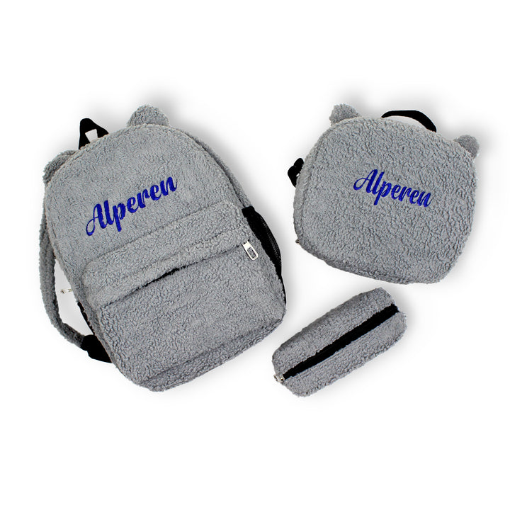 Personalized Grey Teddy Bear Backpack & Lunch Bag Set wokigi