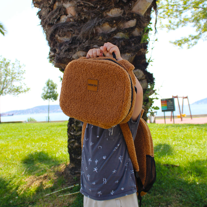 Personalized Light Brown Teddy Plush Kids Lunch Bag wokigi